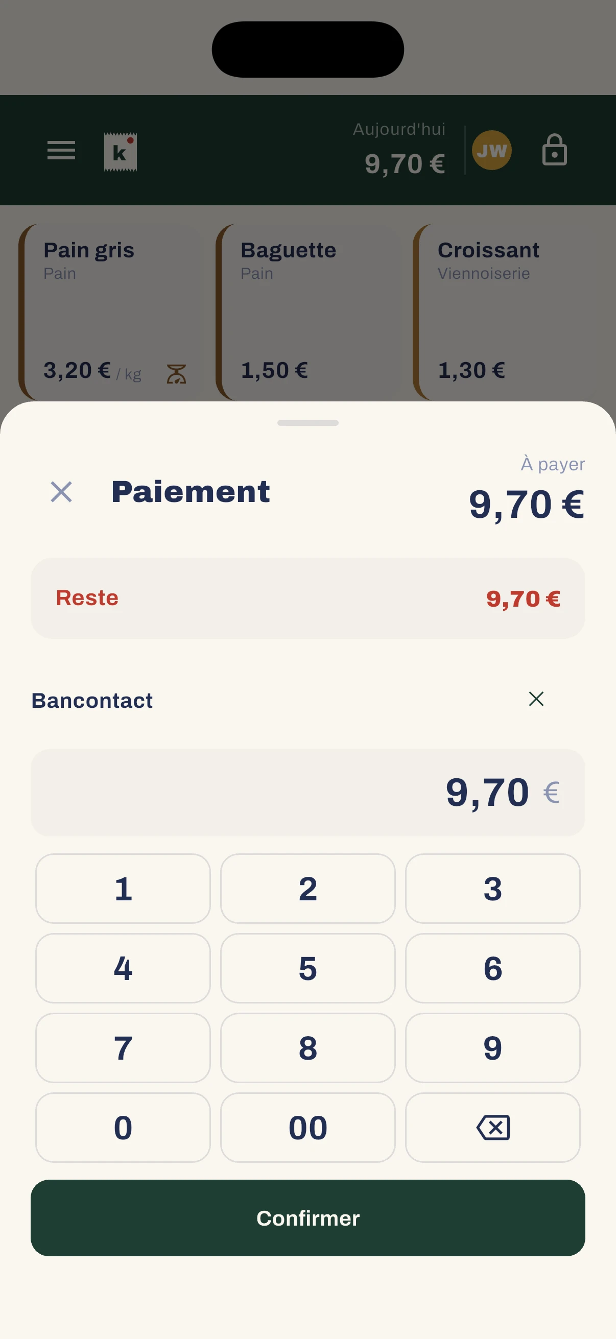 Écran de paiement sur téléphone : Bancontact sélectionné pour un montant de 9,70 €.