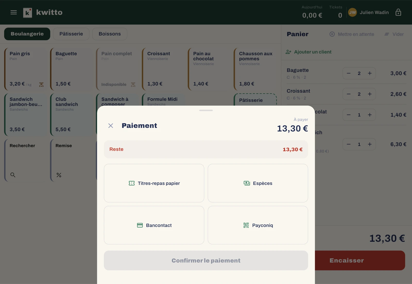 La feuille Paiement : Bancontact, Payconiq, titres-repas papier et espèces, avec le montant à payer