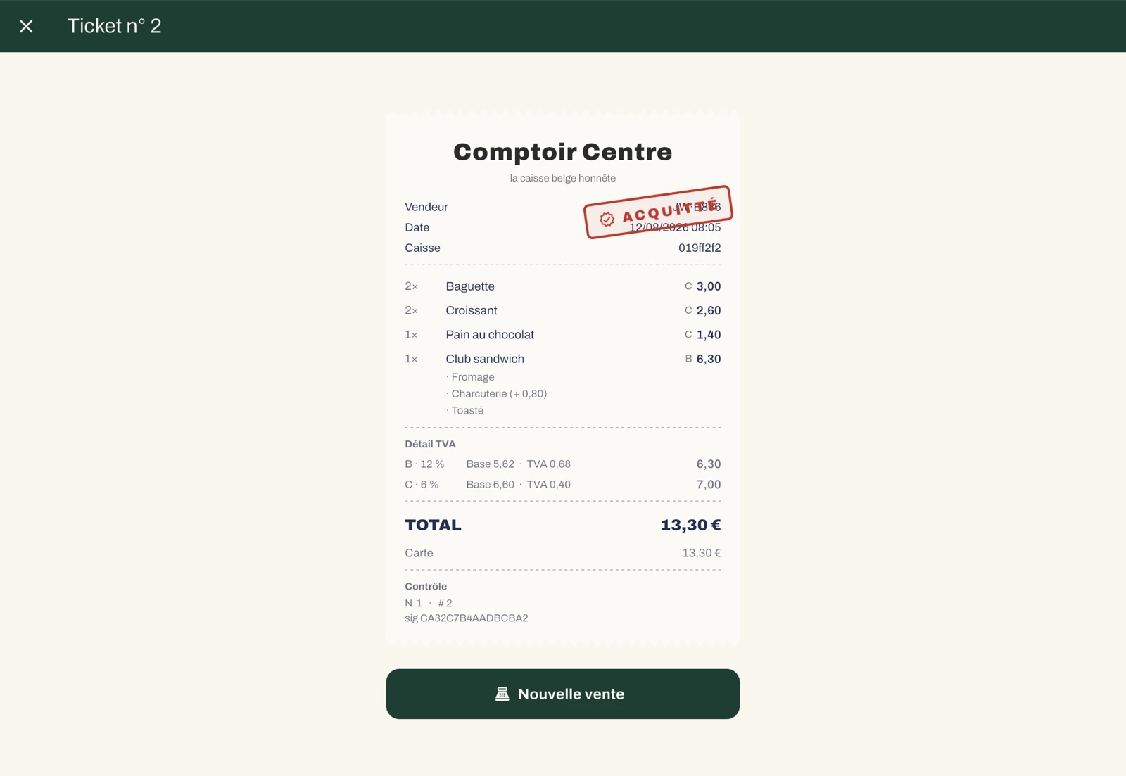 Le ticket : le détail de la TVA à 6 % et 12 %, le total, le paiement par carte et le sceau