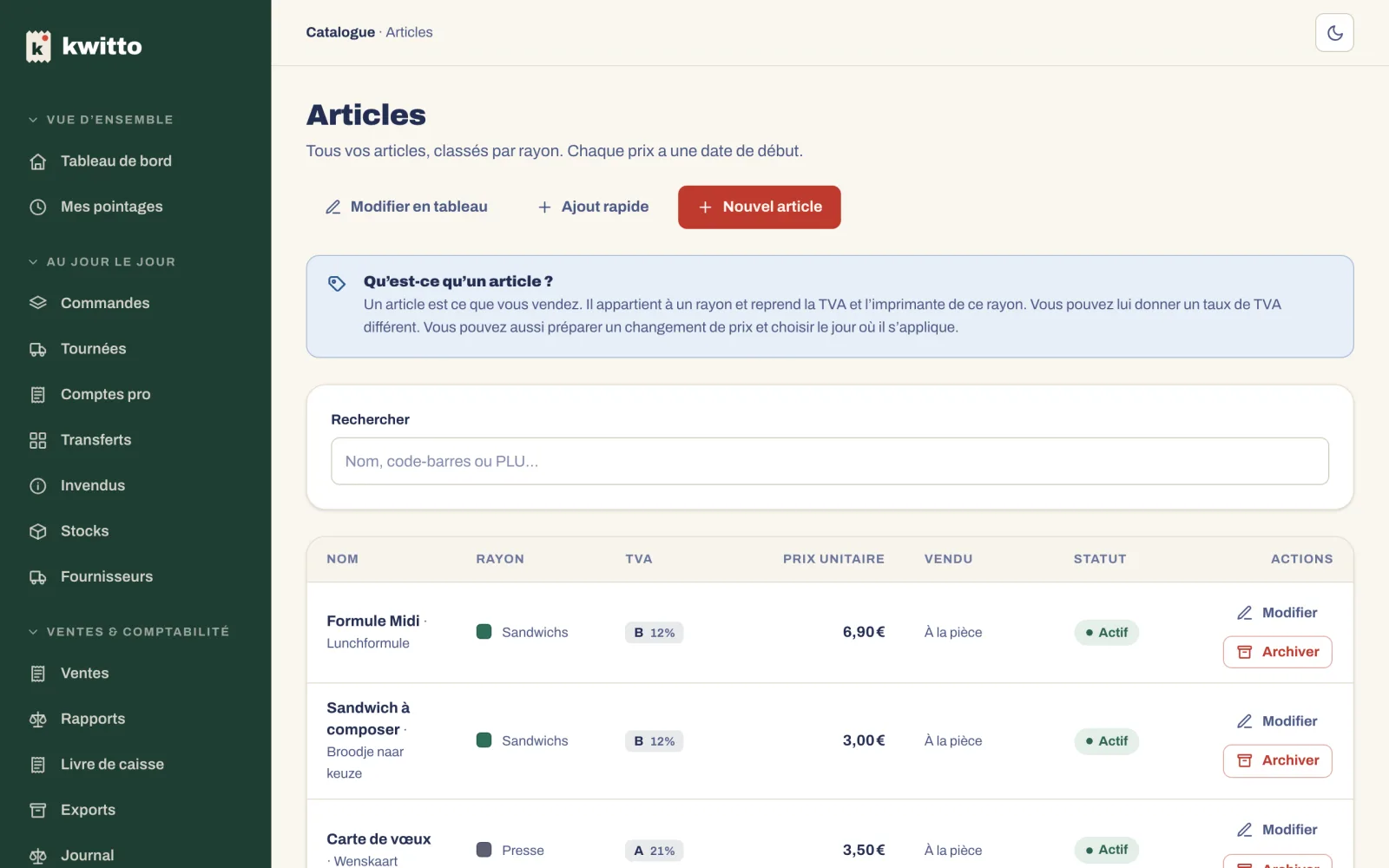 La liste des articles, classés par rayon, avec Modifier en tableau et Ajout rapide