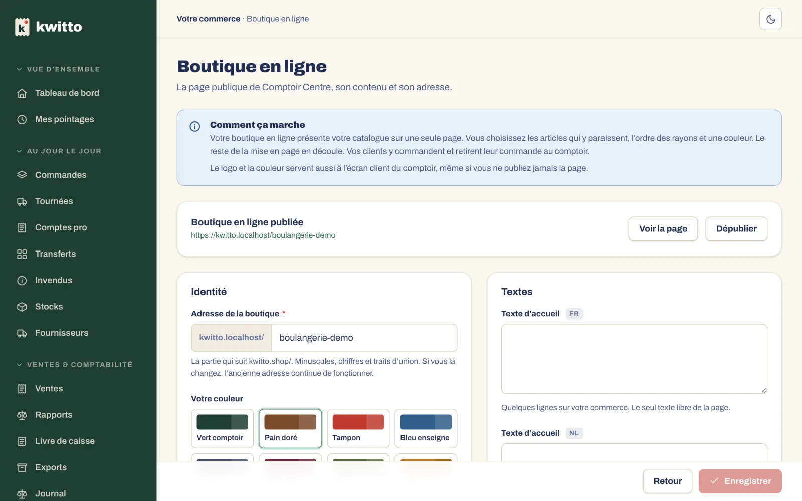 La page Boutique en ligne : adresse, couleur, écriture, logo, texte d’accueil, mise en ligne