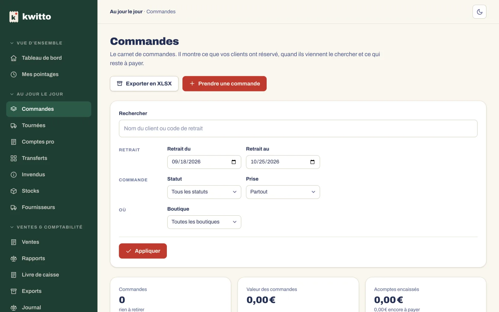Le carnet de commandes du back-office, avec ses filtres et l’export