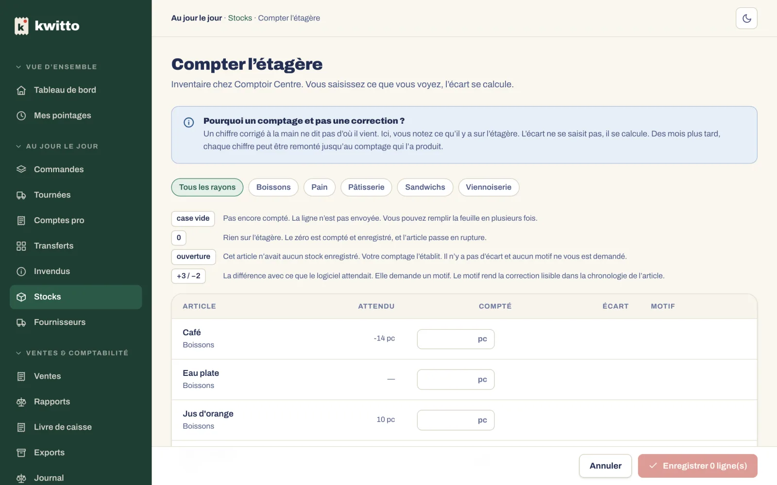 Compter l’étagère : attendu, compté, écart, motif