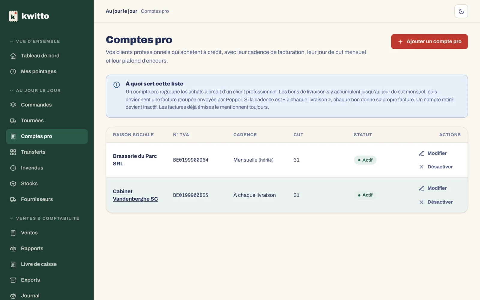 Les comptes pro : raison sociale, TVA, cadence de facturation