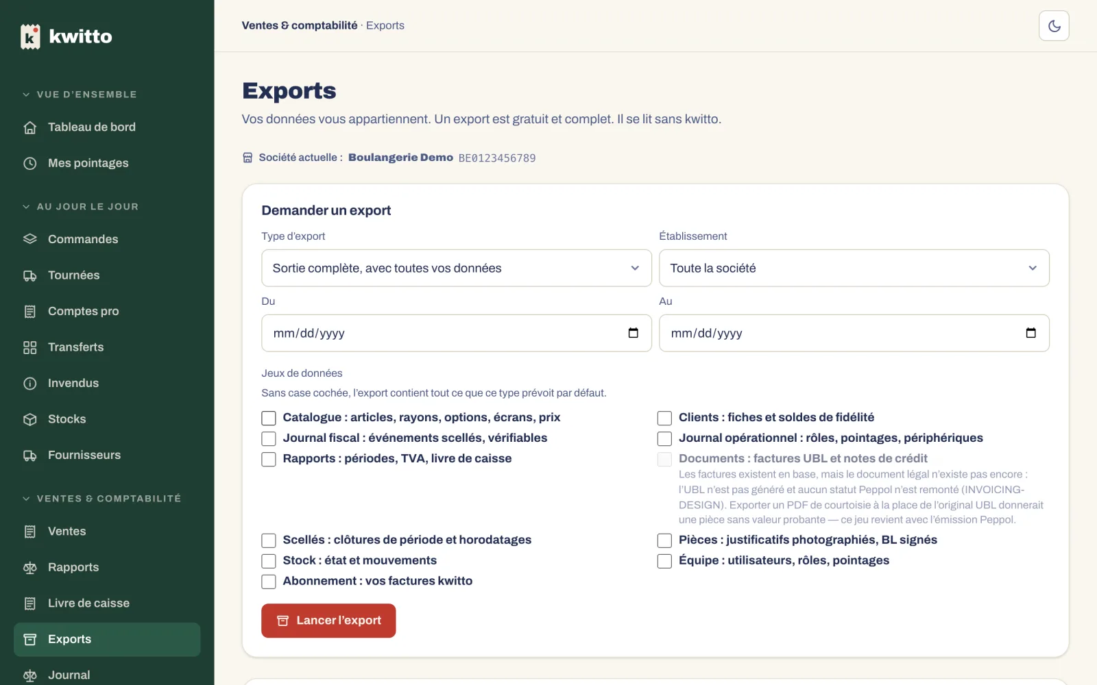 Demander un export : le type, l’établissement, la période, les jeux de données