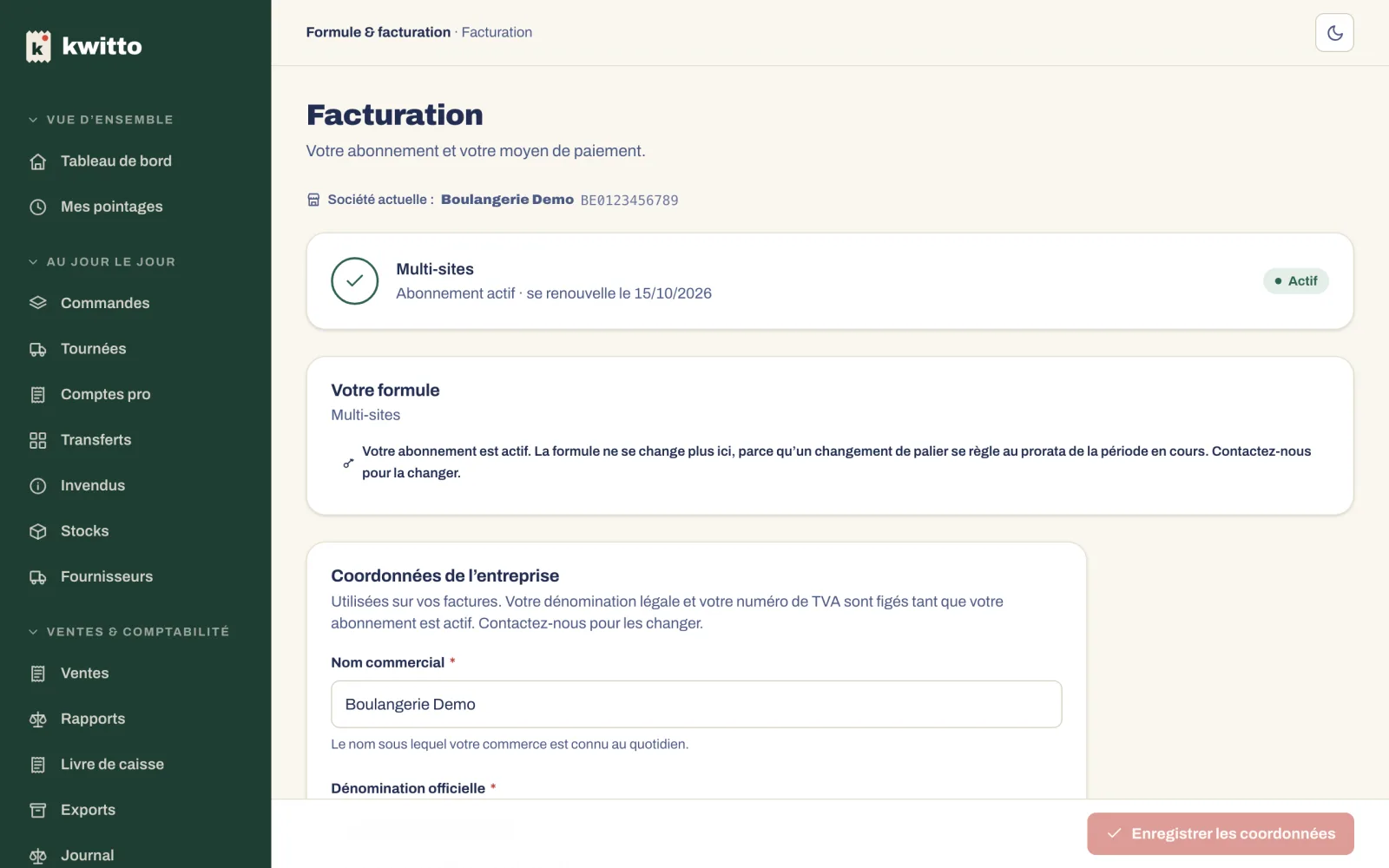 La page Facturation : votre formule, les coordonnées de l’entreprise, le paiement