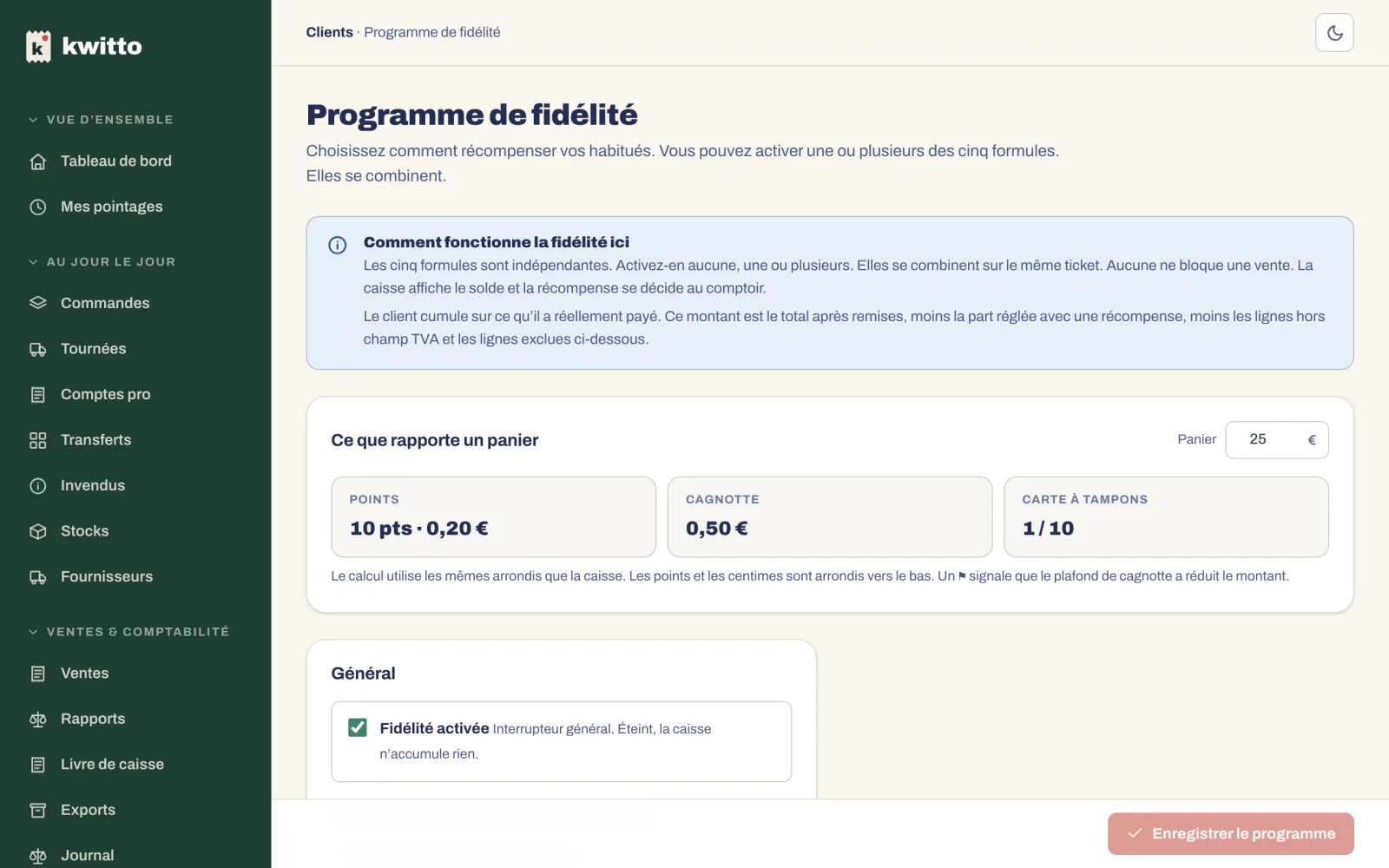 Le programme de fidélité : l’interrupteur général, la carte à tampons, les points, la cagnotte
