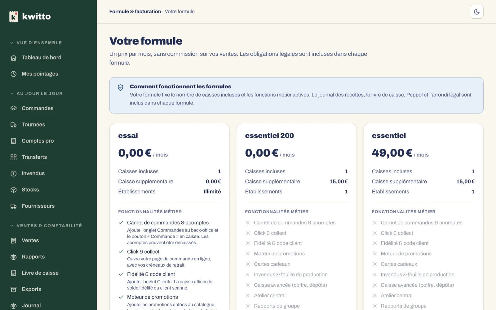 Votre formule : les trois formules côte à côte, caisses comprises, fonctions