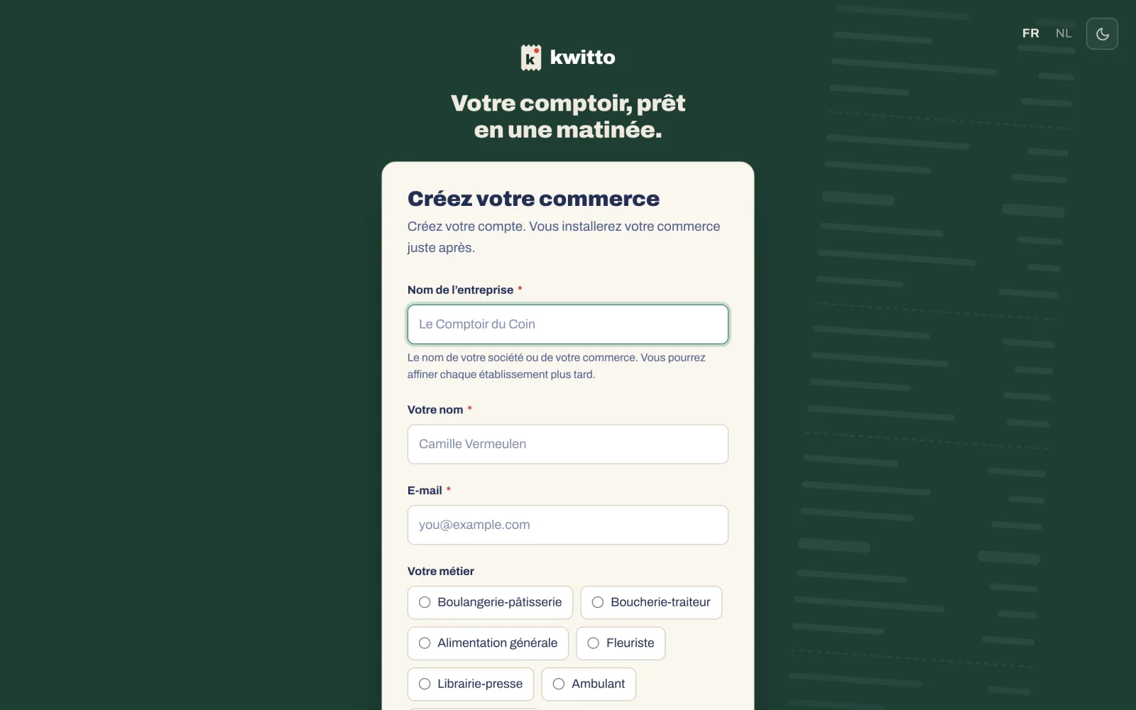 Le formulaire Créez votre commerce : nom de l’entreprise, votre nom, e-mail, métier, conditions générales