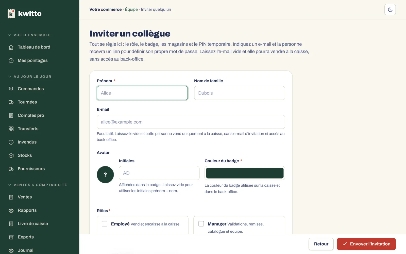 Le formulaire Inviter un collègue : prénom, e-mail facultatif, couleur, rôles, PIN temporaire