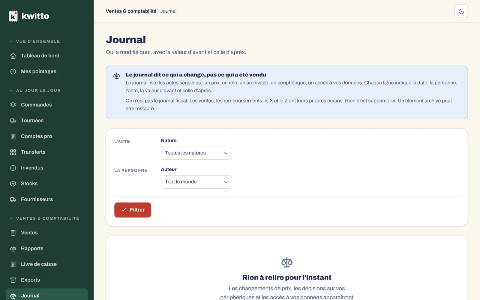 Le journal : date, auteur, action, avant, après