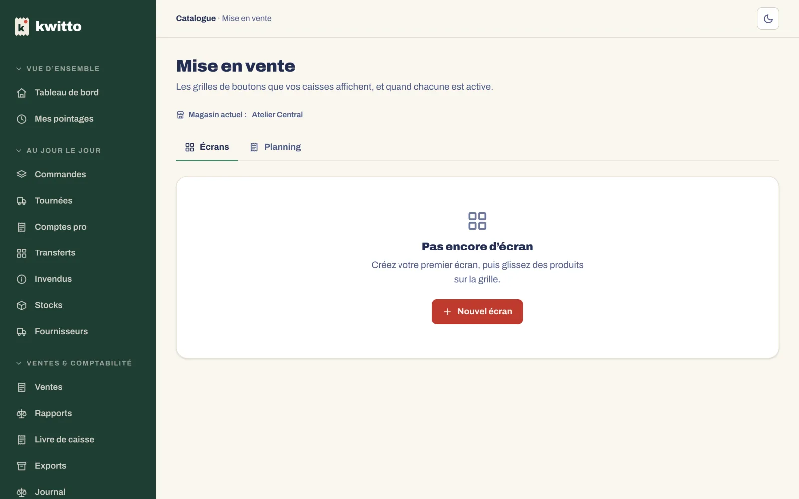 Mise en vente, onglets Écrans et Planning