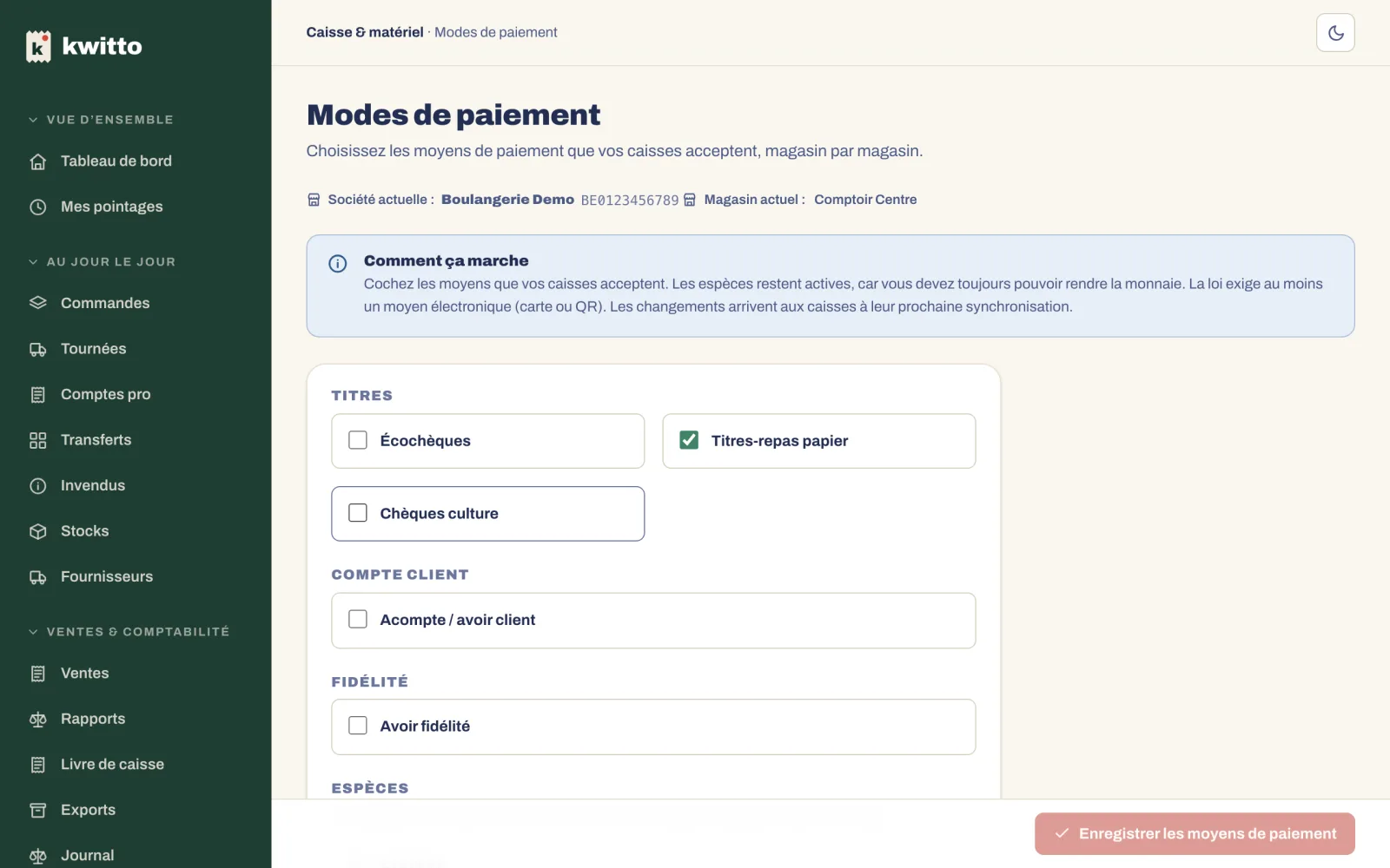 Les modes de paiement, avec les titres-repas et les écochèques