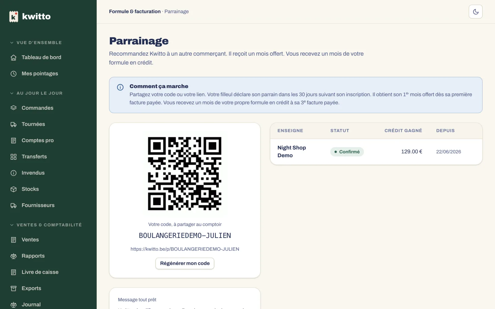 La page Parrainage : votre code, son QR, le message tout prêt