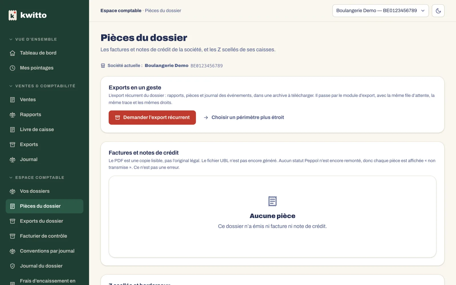 Pièces du dossier : les factures avec leur PDF et leur statut Peppol, les Z scellés