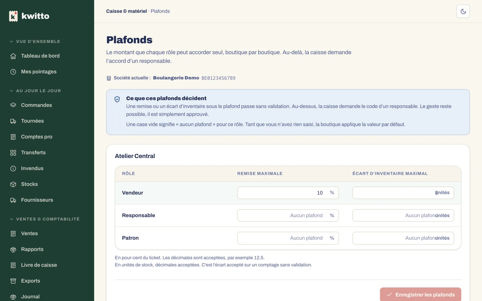 La page Plafonds : la remise maximale et l’écart d’inventaire maximal par rôle
