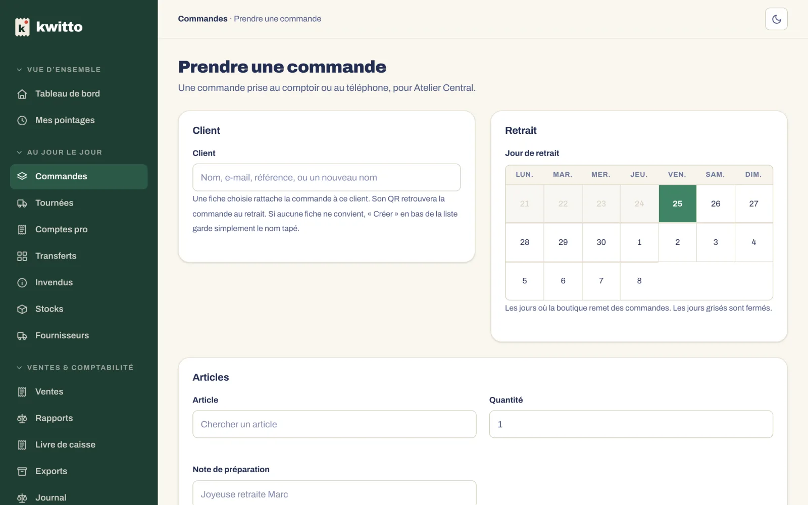 Prendre une commande : le client, le jour de retrait sur le calendrier, le créneau, les articles