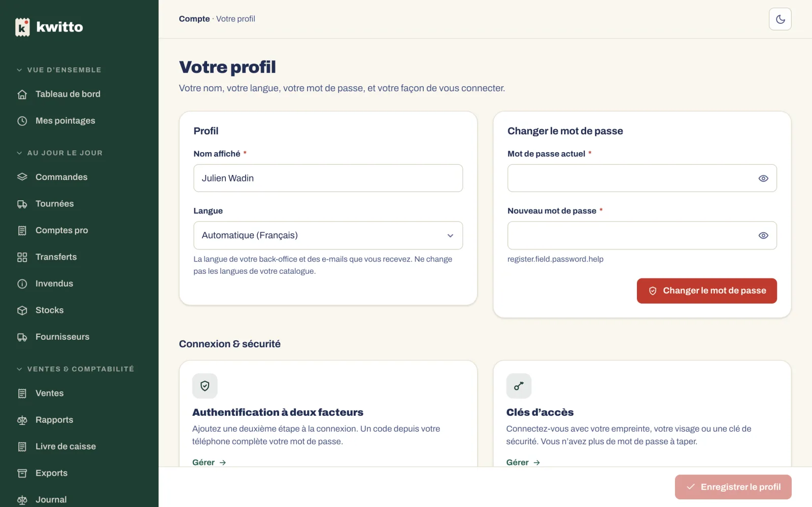 Votre profil : nom affiché, langue, mot de passe, sessions, clés d’accès, double authentification