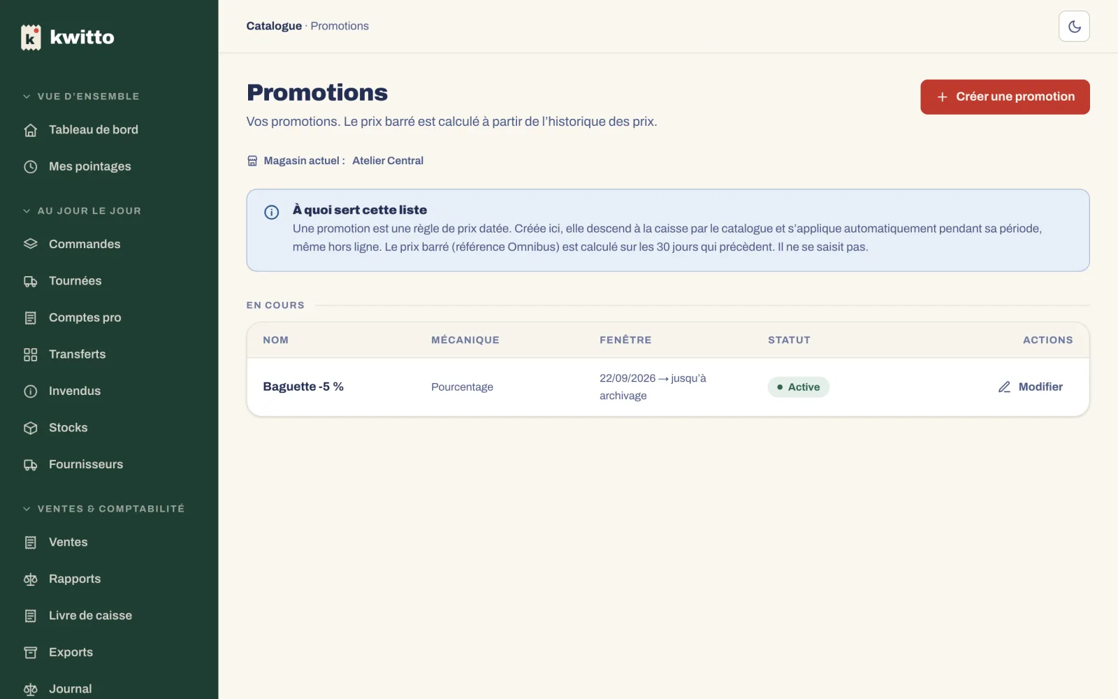 La page Promotions, avec le bouton Créer une promotion