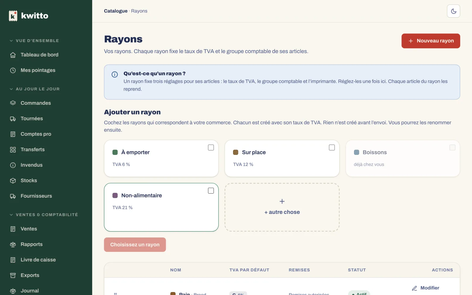 La page Rayons : les rayons proposés pour votre métier, chacun avec son taux de TVA