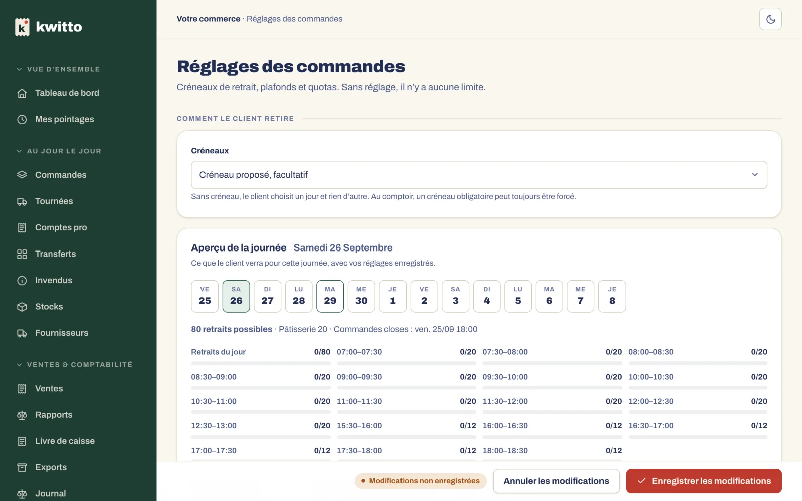 Les réglages des commandes : créneaux, arrêt des commandes, retraits par jour, heures de retrait