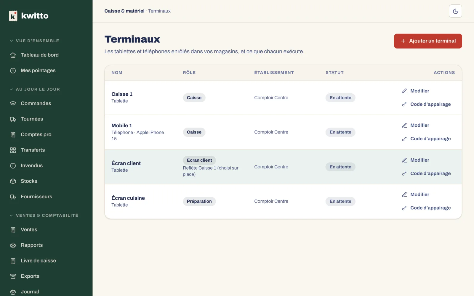 La page Terminaux du back-office, avec les caisses appairées et le bouton Ajouter un terminal